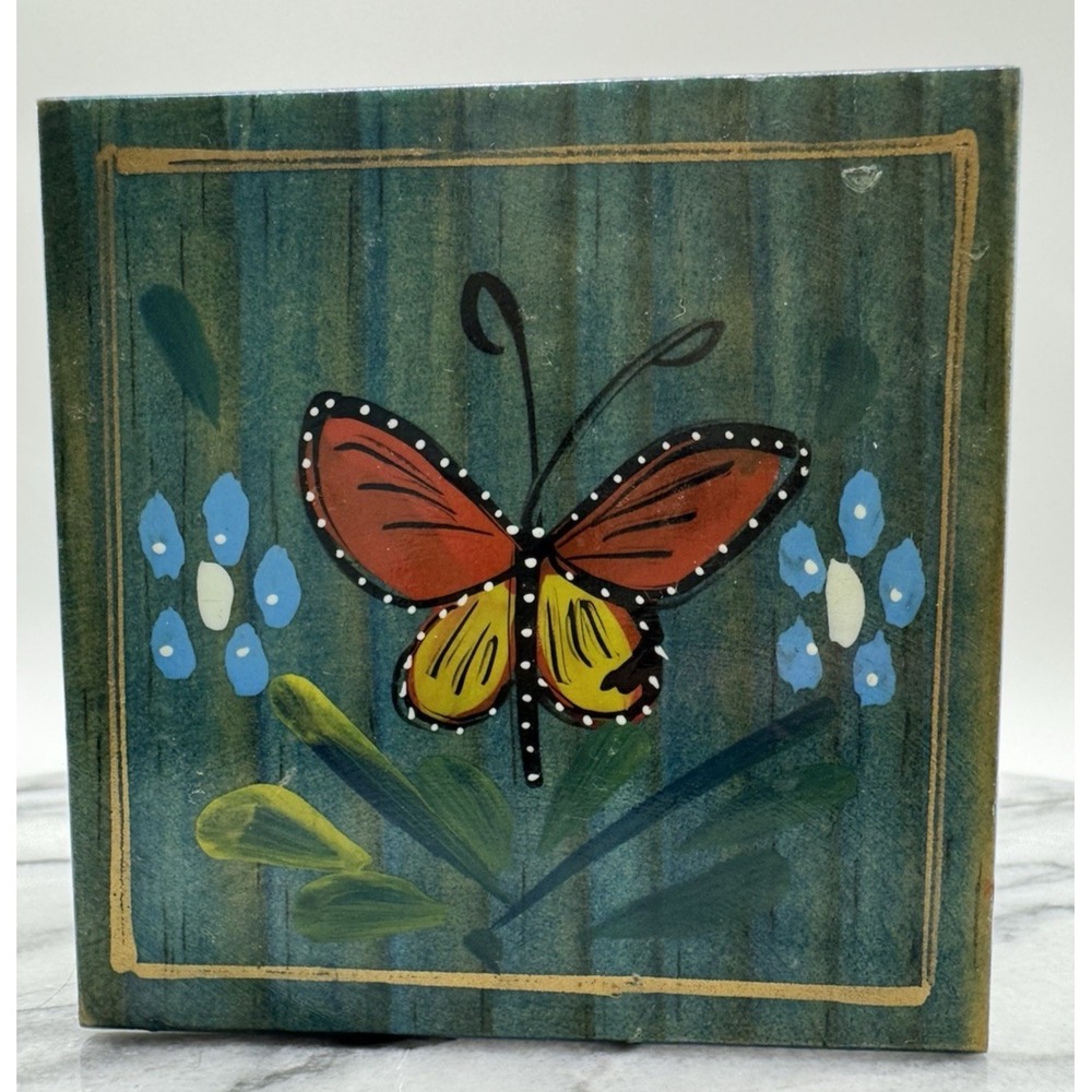 Vintage Hand Painted Butterfly Wood Trinket Box‎ Enesco Mexico Folk Art